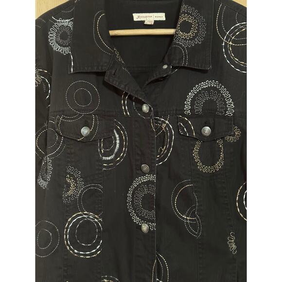 JM Collection | Black Cotton Embroidered Jacket Gold & Silver Design | Size 16W - Picture 7 of 14